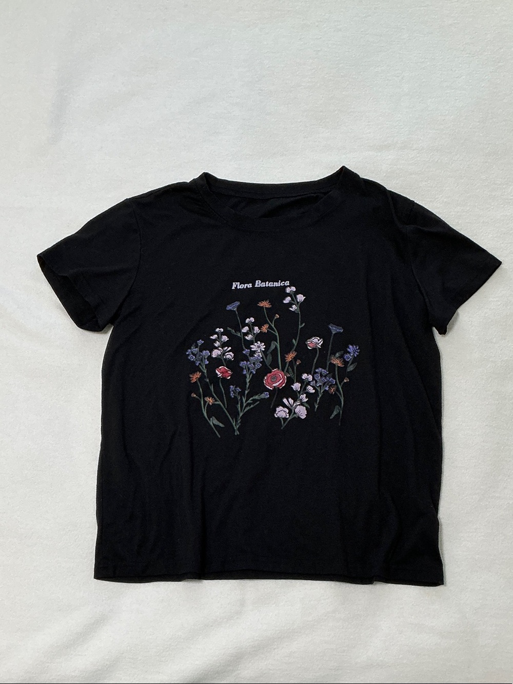 SHEIN Black Tee with Pink Purple and Red Floral Print
